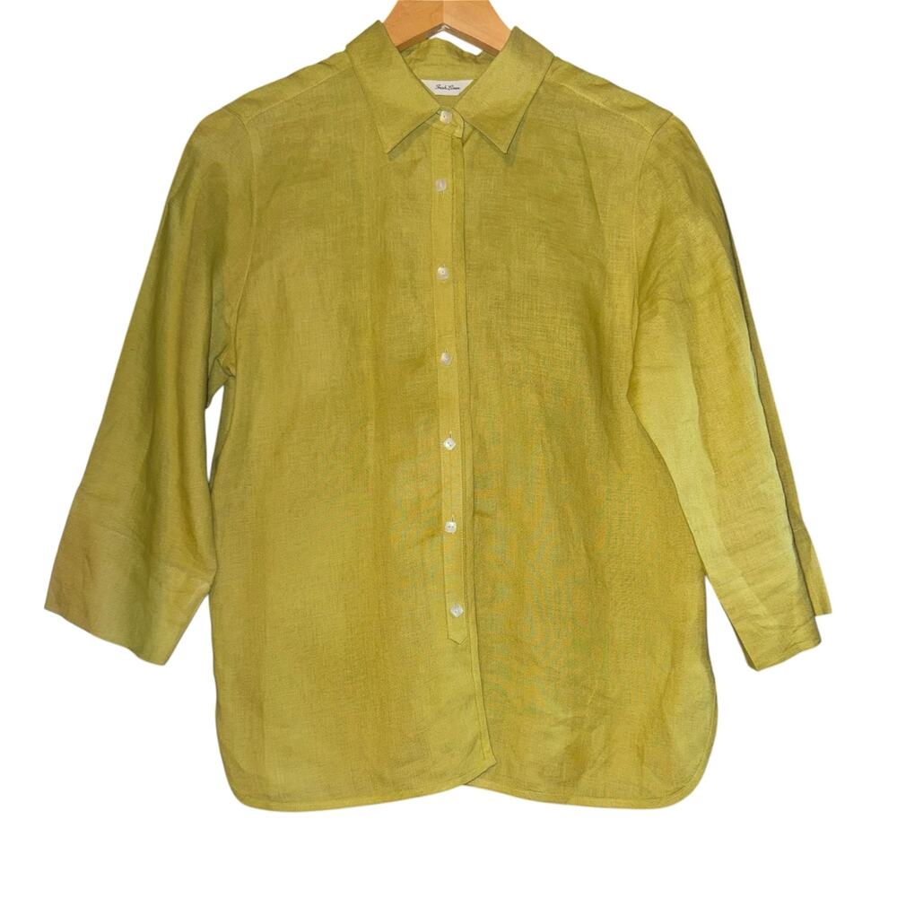 Vintage Irish Linen Chartreuse Green Button Up Top Women's 10 Petite Fall Mod